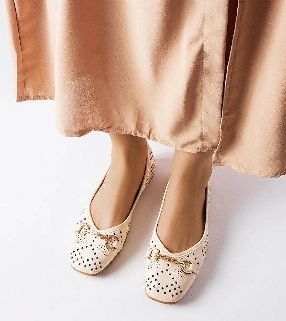 Elegant Beige Ballerinas with Lacy Design - INDIEZ COUTURE