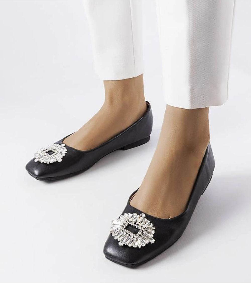 Elegant Black Ballet Flats with Zircon Brooch - INDIEZ COUTURE