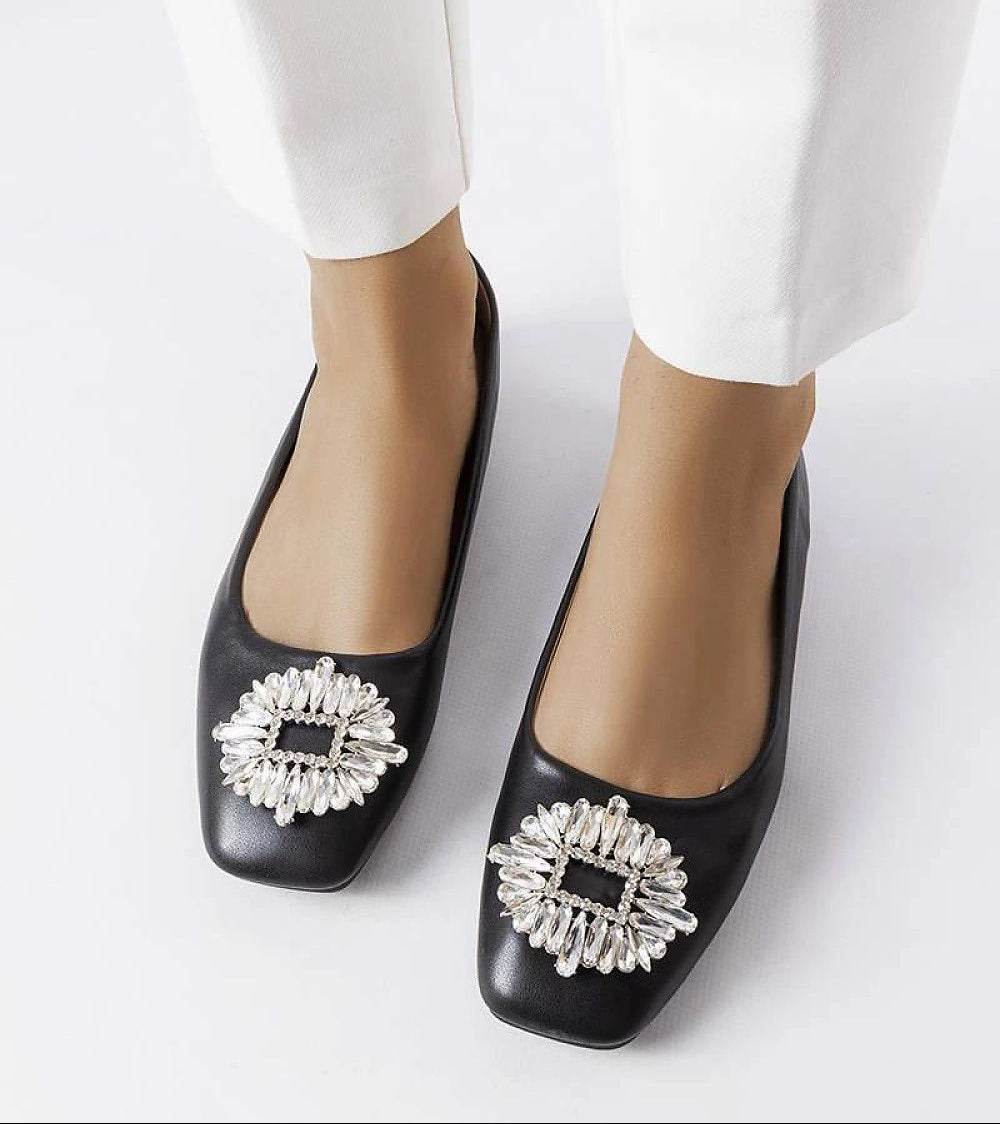 Elegant Black Ballet Flats with Zircon Brooch - INDIEZ COUTURE