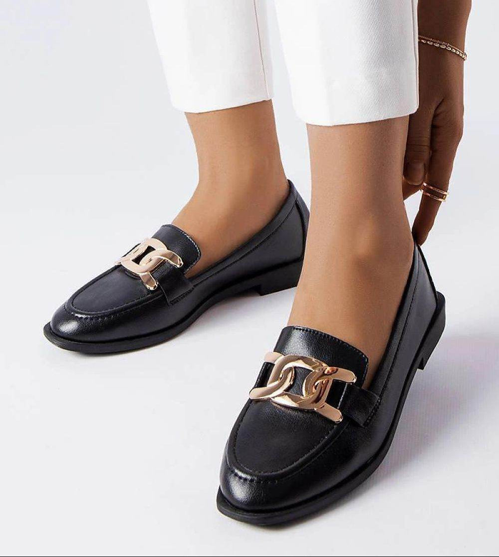 Elegant Black Loafers with Shiny Front Detail - INDIEZ COUTURE