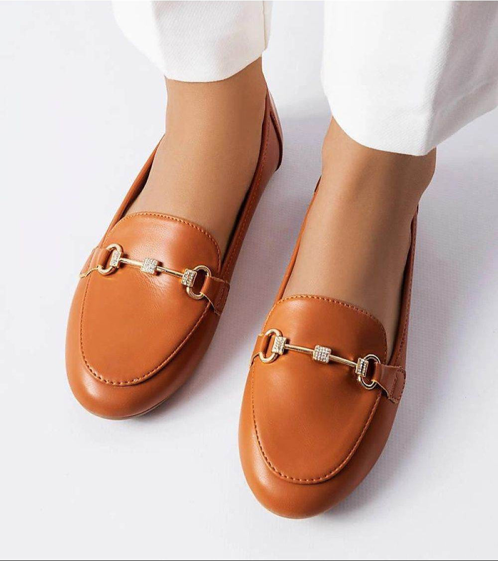 Brown Decorative Moccasins with Elegant Stitching - INDIEZ COUTURE