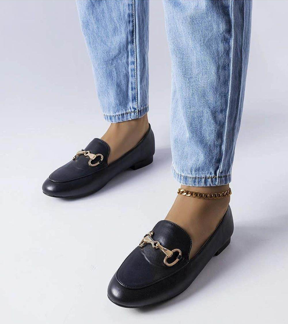 Elegant Black Moccasins with Buckle and Stitching - INDIEZ COUTURE