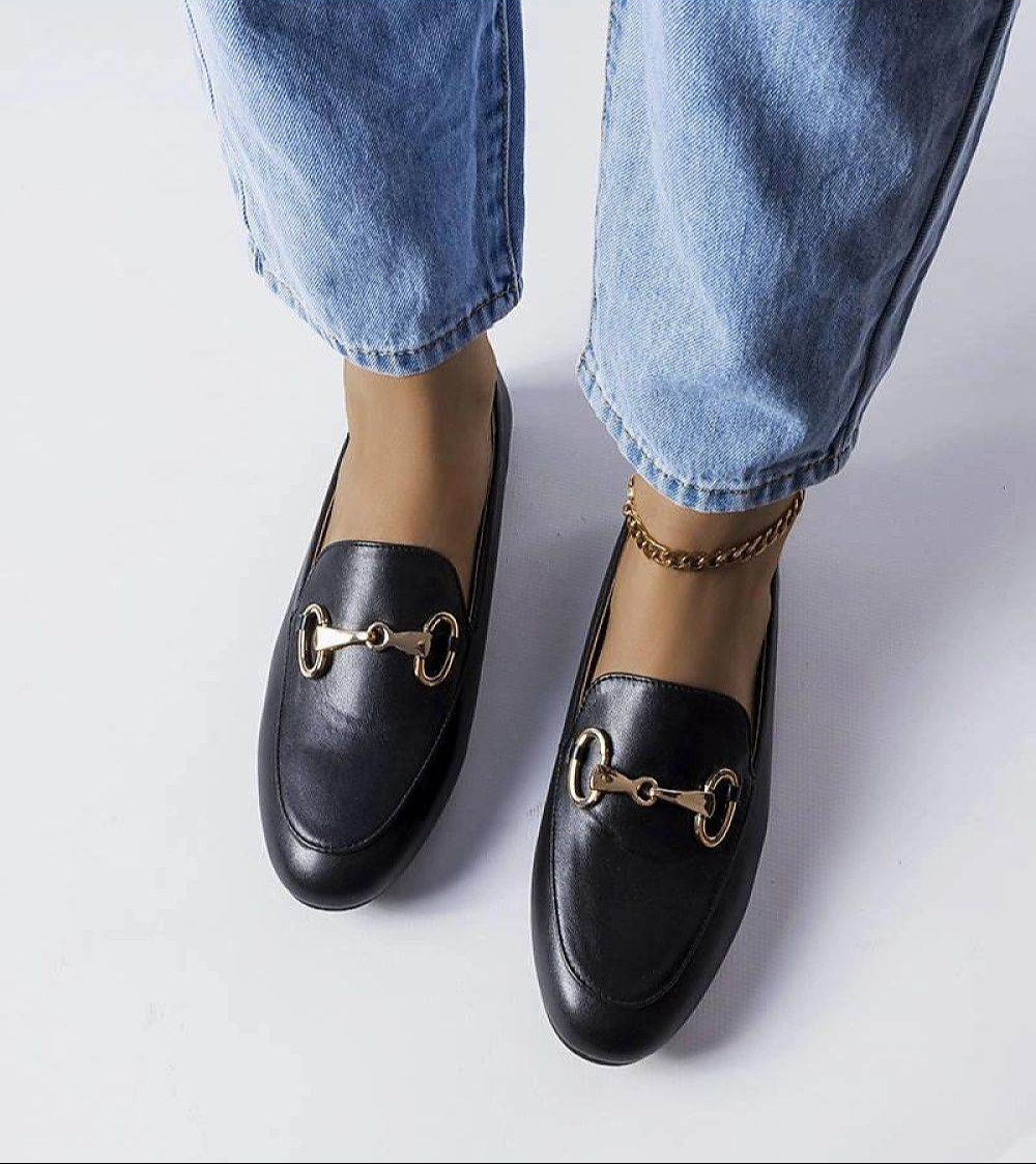 Elegant Black Moccasins with Buckle and Stitching - INDIEZ COUTURE