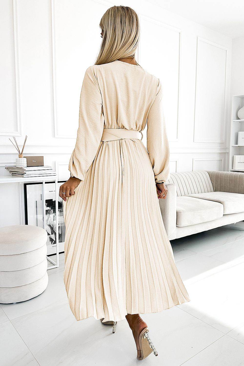 Elegant Pleated Midi Dress with Wrap Neckline - INDIEZ COUTURE