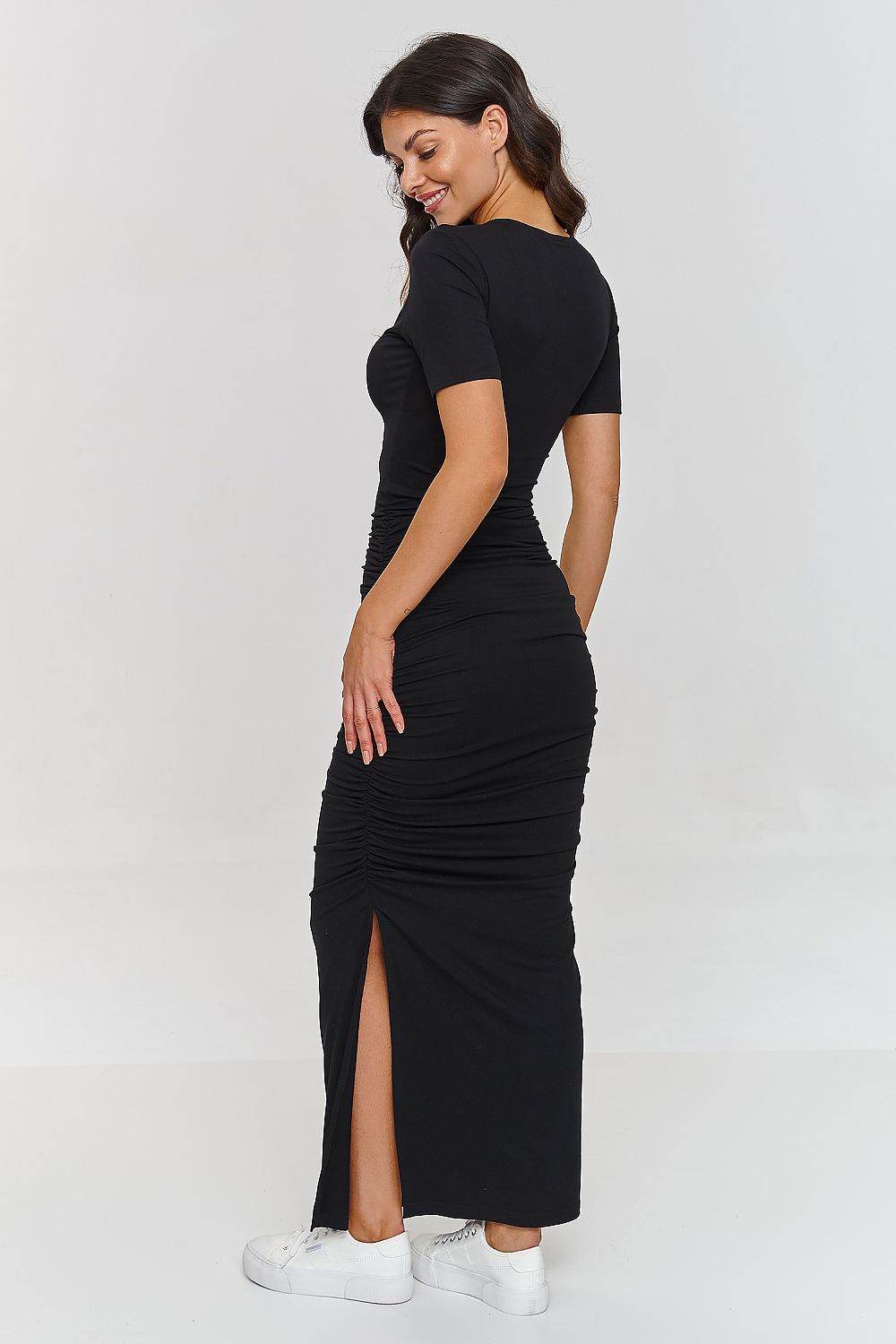 Elegant Ruched Daydress with V Neckline and Side Slit - INDIEZ COUTURE