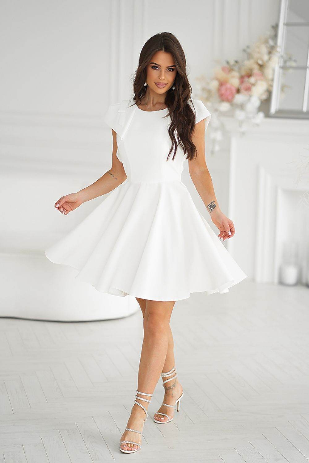 Elegant Flared Cocktail Dress with Ruffled Shoulders - INDIEZ COUTURE
