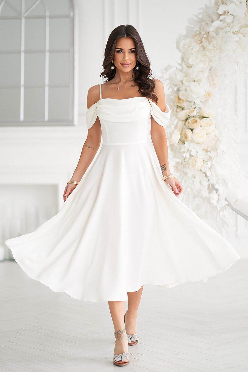 Elegant Ecru Midi Dress with Flared Bottom - INDIEZ COUTURE