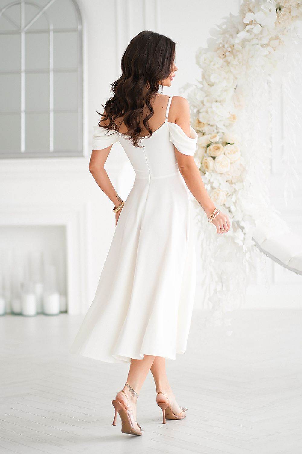 Elegant Ecru Midi Dress with Flared Bottom - INDIEZ COUTURE