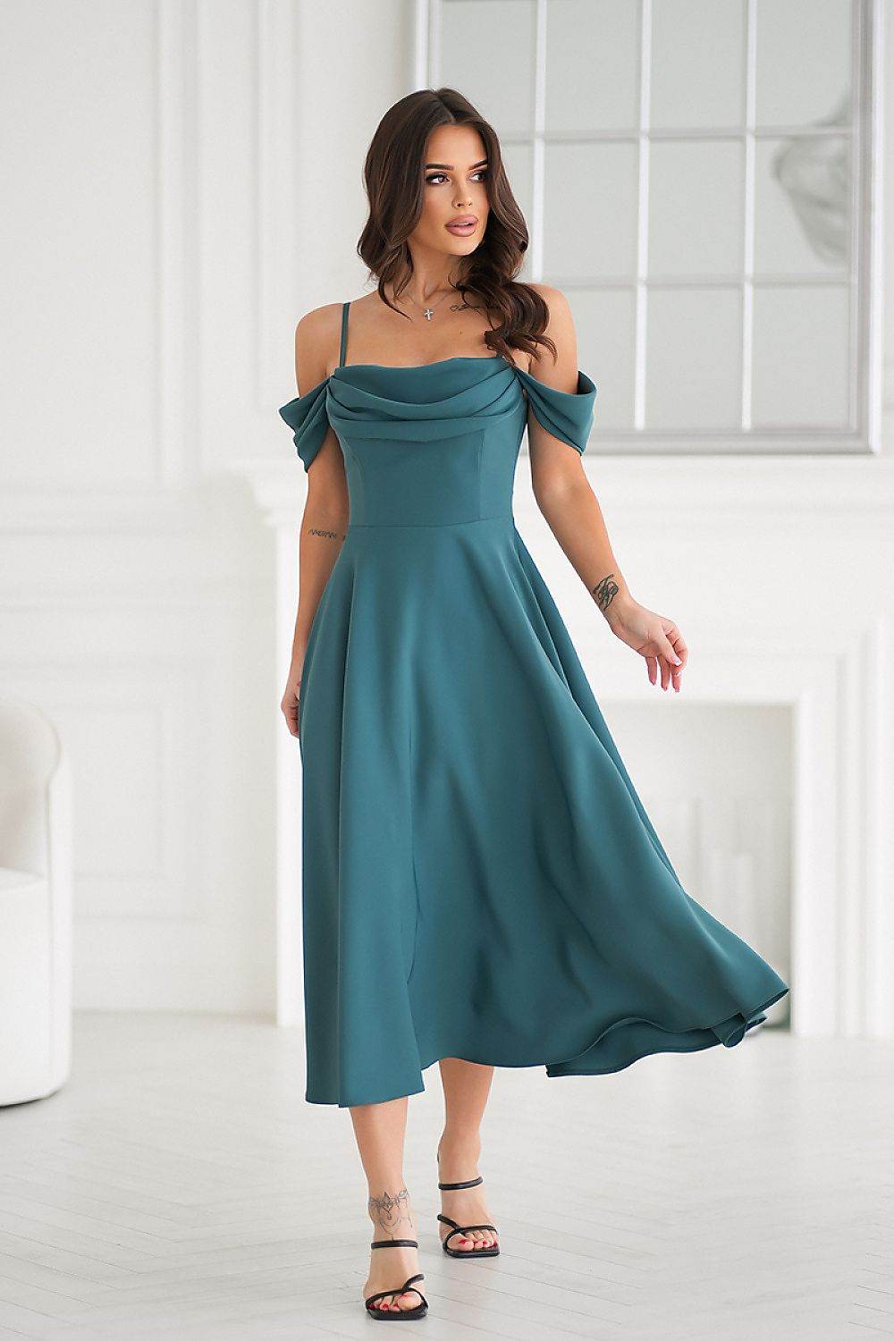 Elegant Ecru Midi Dress with Flared Bottom - INDIEZ COUTURE