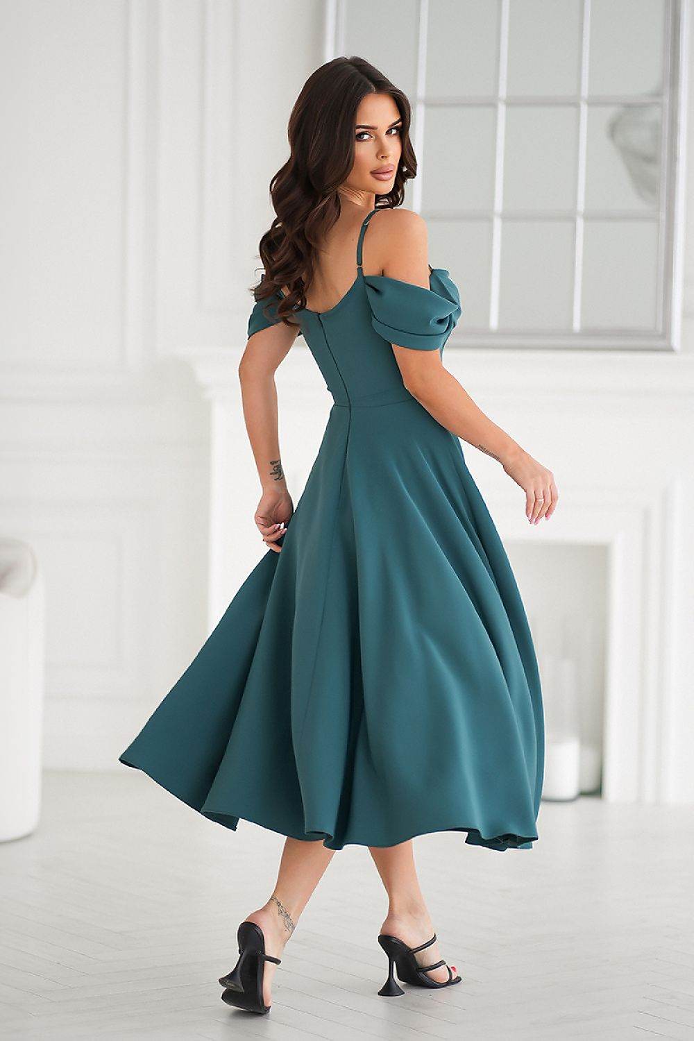 Elegant Ecru Midi Dress with Flared Bottom - INDIEZ COUTURE