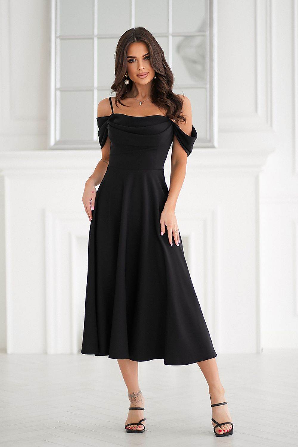 Elegant Ecru Midi Dress with Flared Bottom - INDIEZ COUTURE