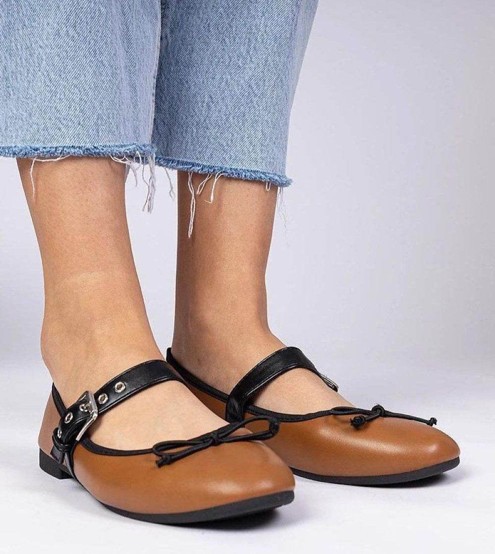 Beige Women's Ballerinas with Bow for Comfort - INDIEZ COUTURE