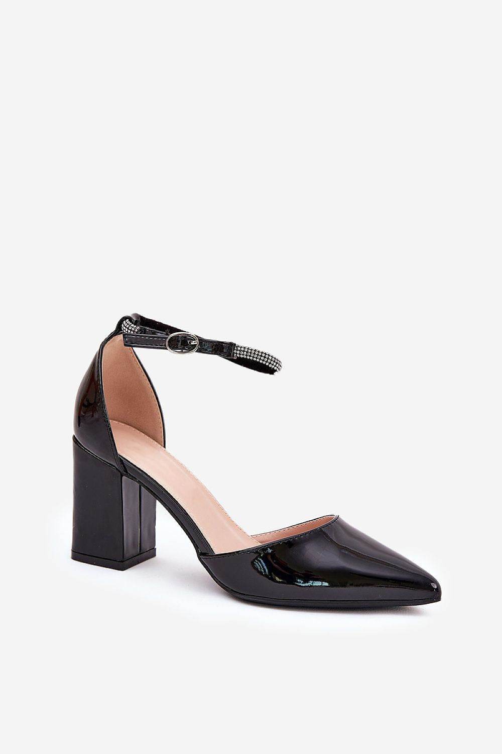 Block Heel Pumps with Pointed Toe and Zircon Strap - INDIEZ COUTURE