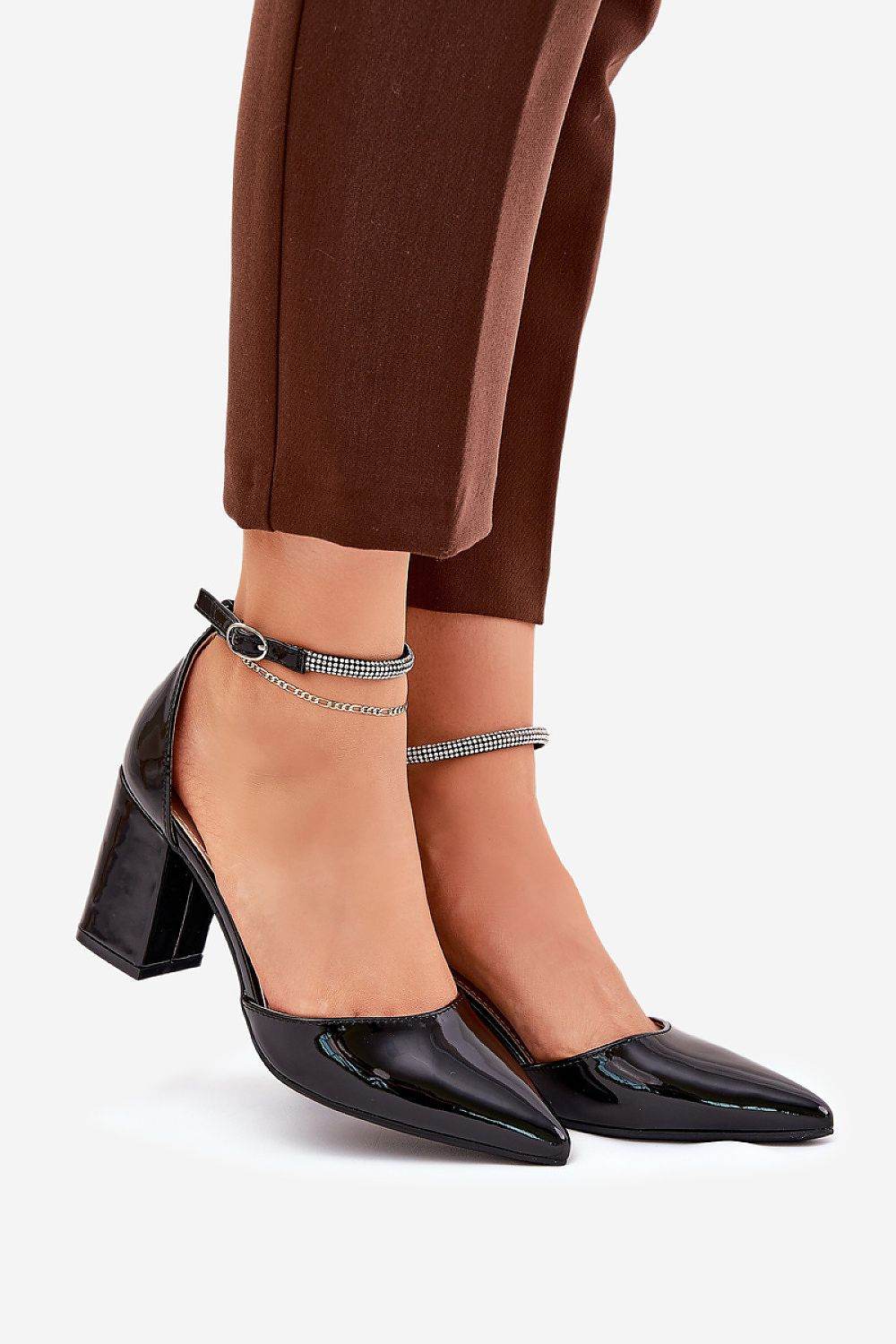 Block Heel Pumps with Pointed Toe and Zircon Strap - INDIEZ COUTURE