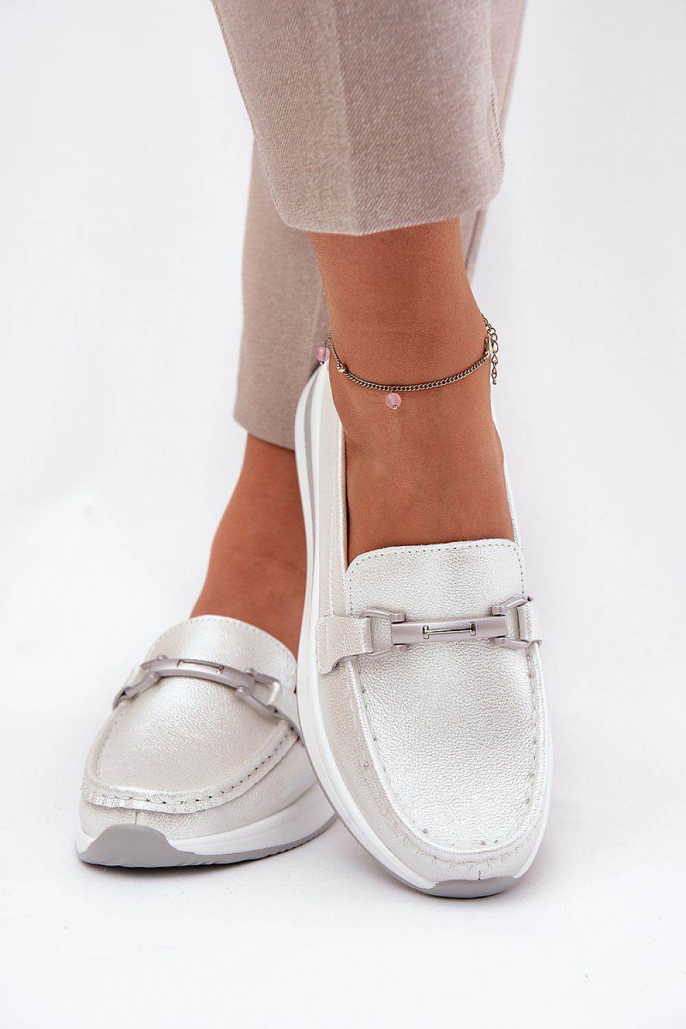 Women's Natural Leather Mocassin Loafers with Decorative Detail - INDIEZ COUTURE