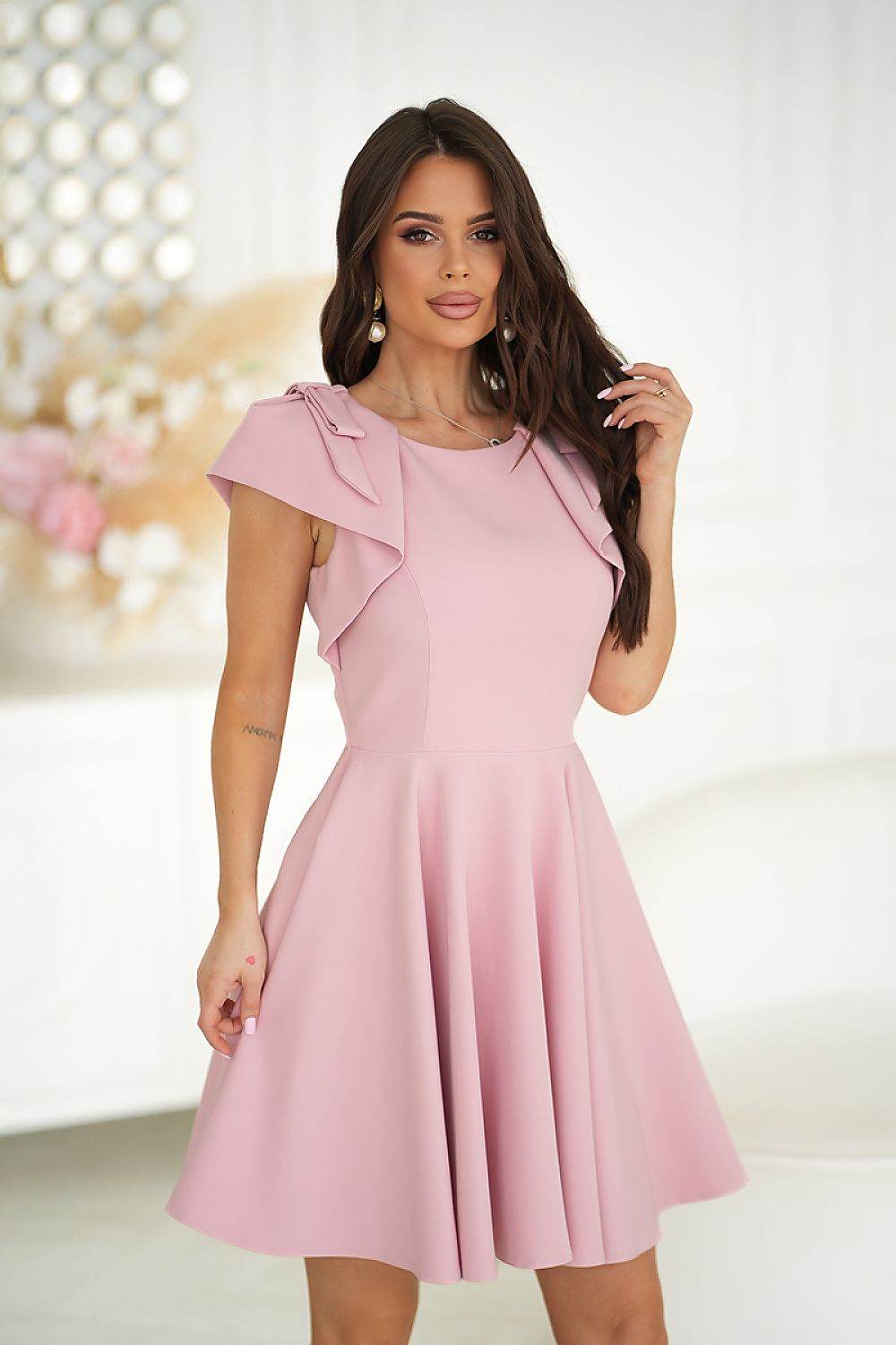 Elegant Flared Cocktail Dress with Ruffled Shoulders - INDIEZ COUTURE