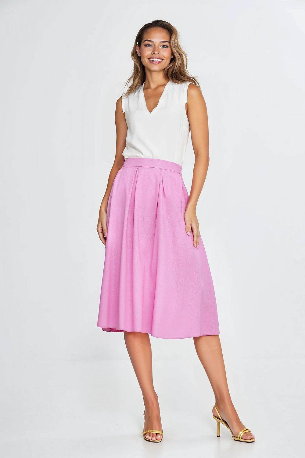 Midi Linen Texture Skirt with Decorative Pleats - INDIEZ COUTURE