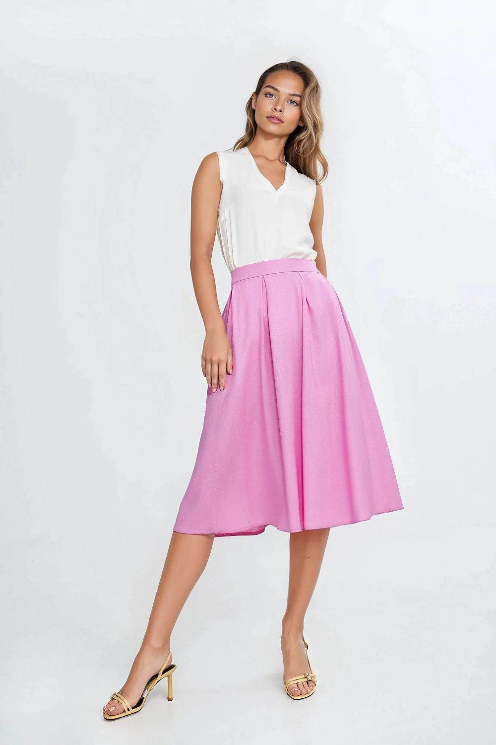Midi Linen Texture Skirt with Decorative Pleats - INDIEZ COUTURE