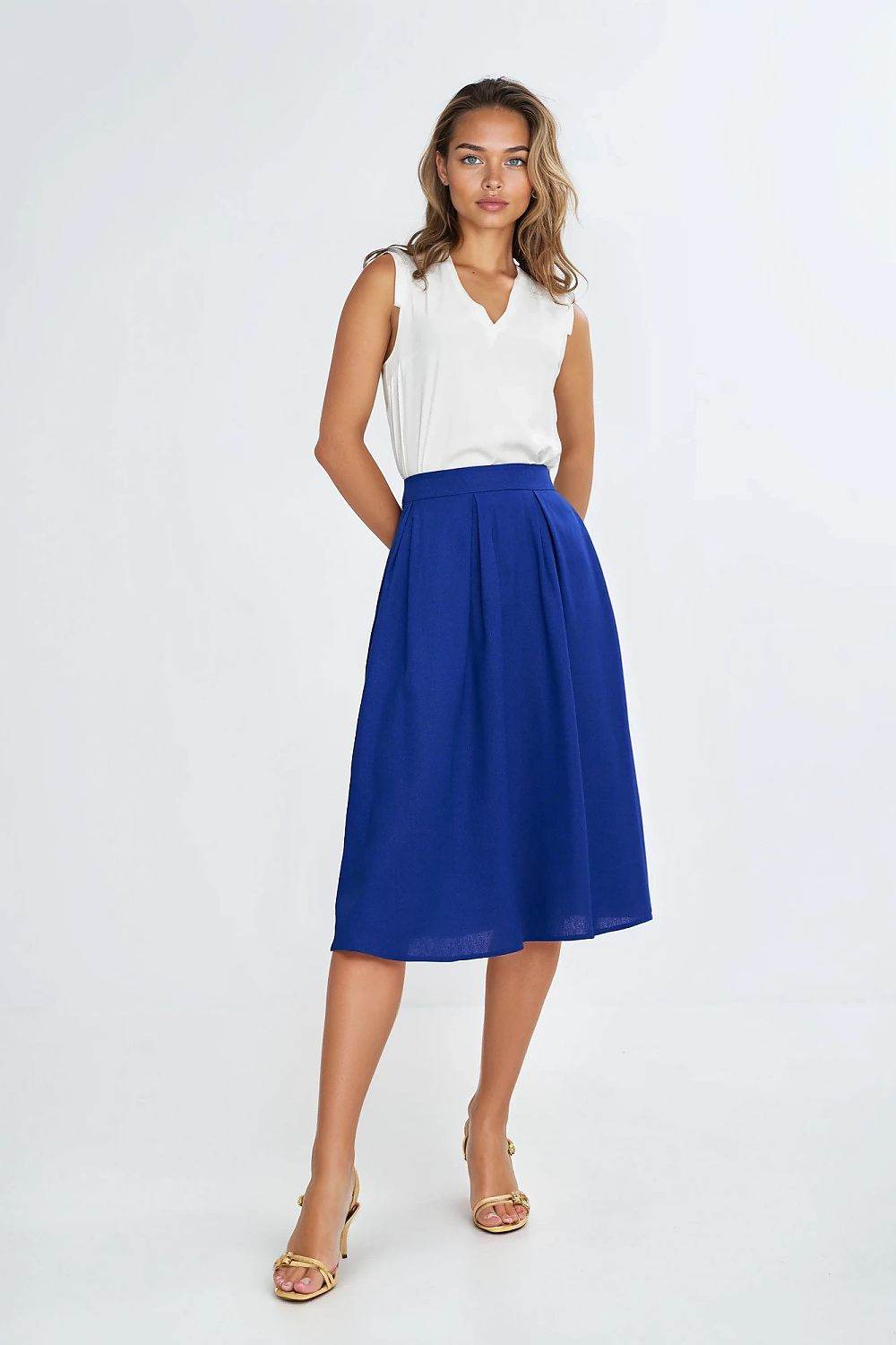 Midi Linen Texture Skirt with Decorative Pleats - INDIEZ COUTURE