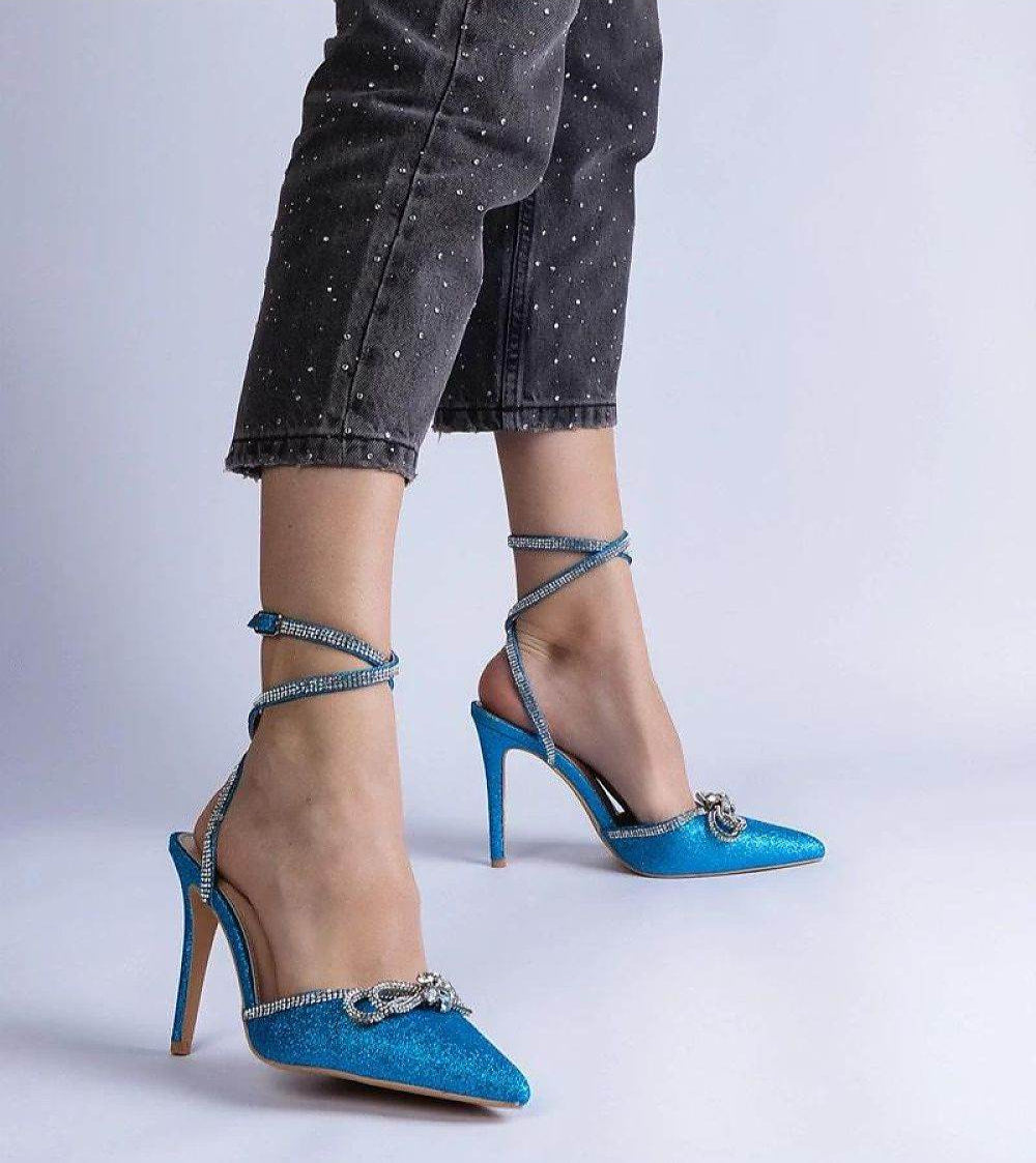 Elegant Blue Brocade High Heels with Sparkling Bow - INDIEZ COUTURE