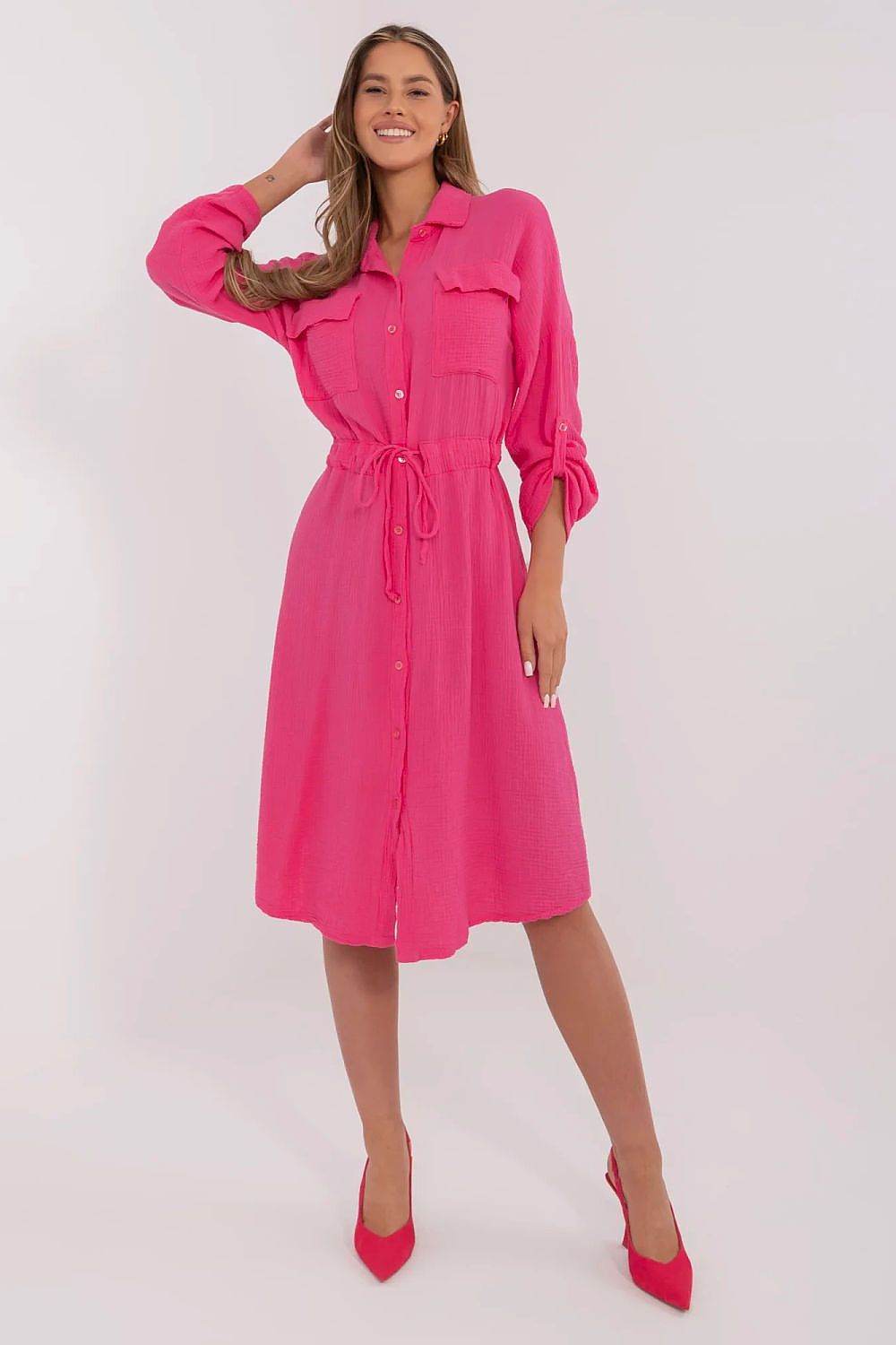 Breathable Cotton Midi Dress with Roll-Up Sleeves - INDIEZ COUTURE