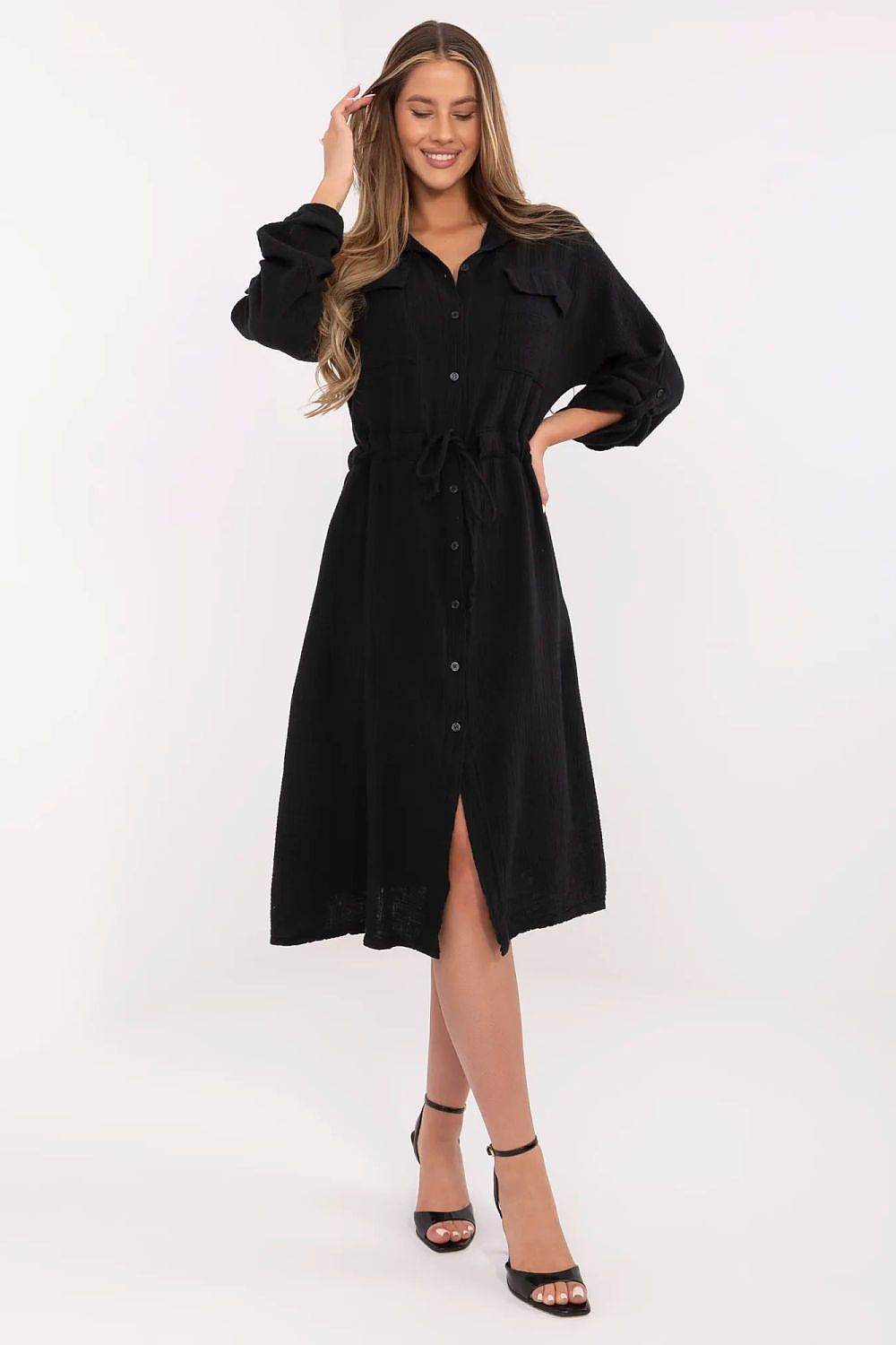 Breathable Cotton Midi Dress with Roll-Up Sleeves - INDIEZ COUTURE