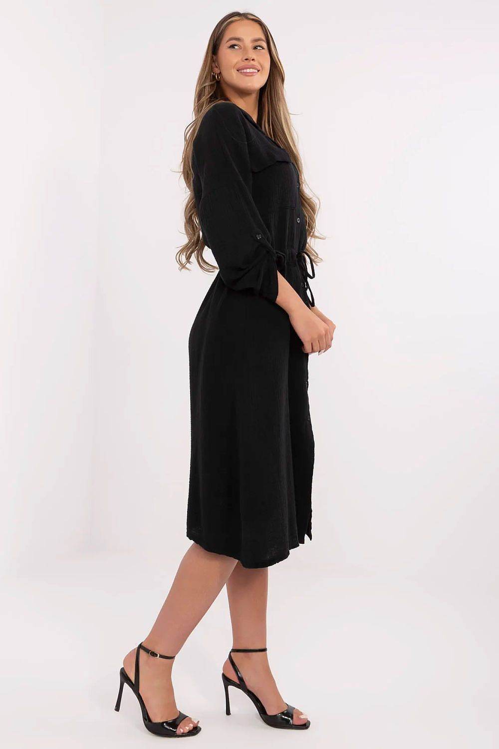 Breathable Cotton Midi Dress with Roll-Up Sleeves - INDIEZ COUTURE