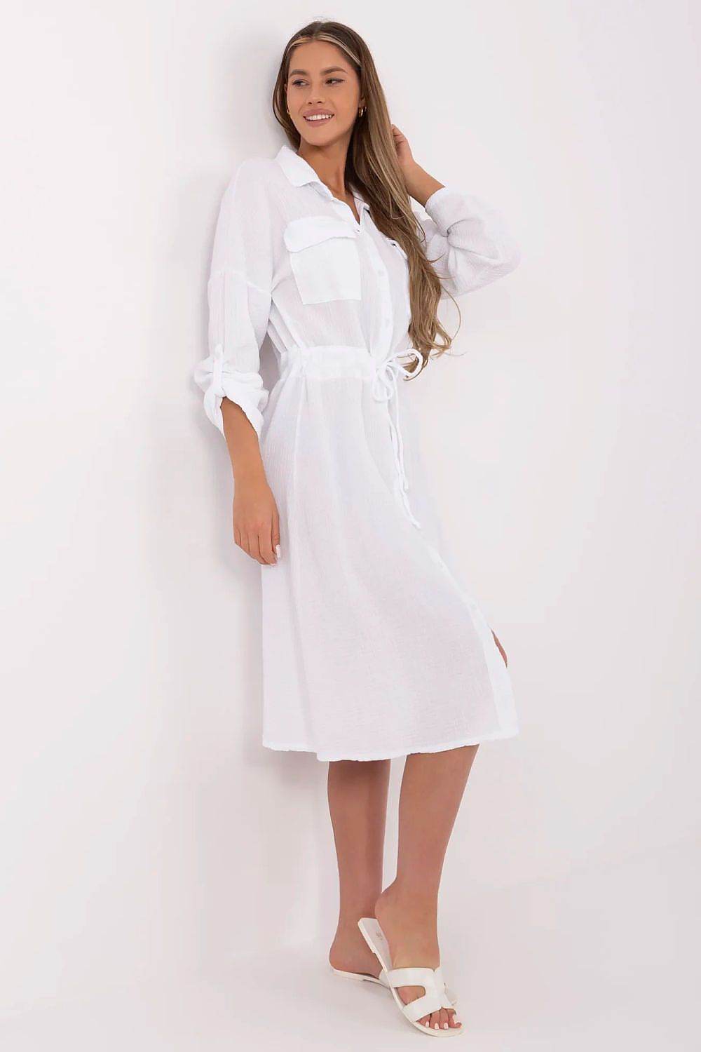 Breathable Cotton Midi Dress with Roll-Up Sleeves - INDIEZ COUTURE