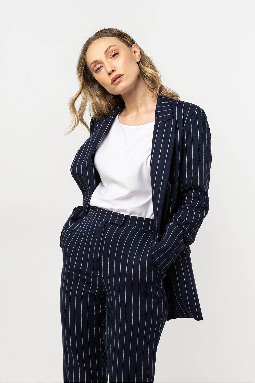 Lightweight Linen Blazer with Stripes and Wide Lapels - INDIEZ COUTURE