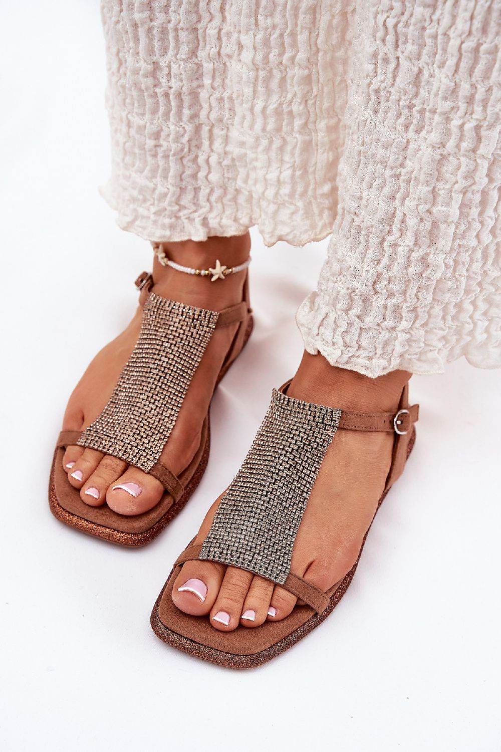 Elegant Flat Women's Sandals with Crystal Strap - INDIEZ COUTURE