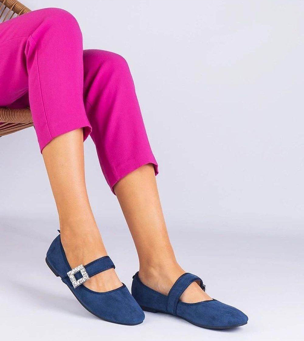 Elegant Navy Blue Ballet Flats with Crystal Buckle - INDIEZ COUTURE