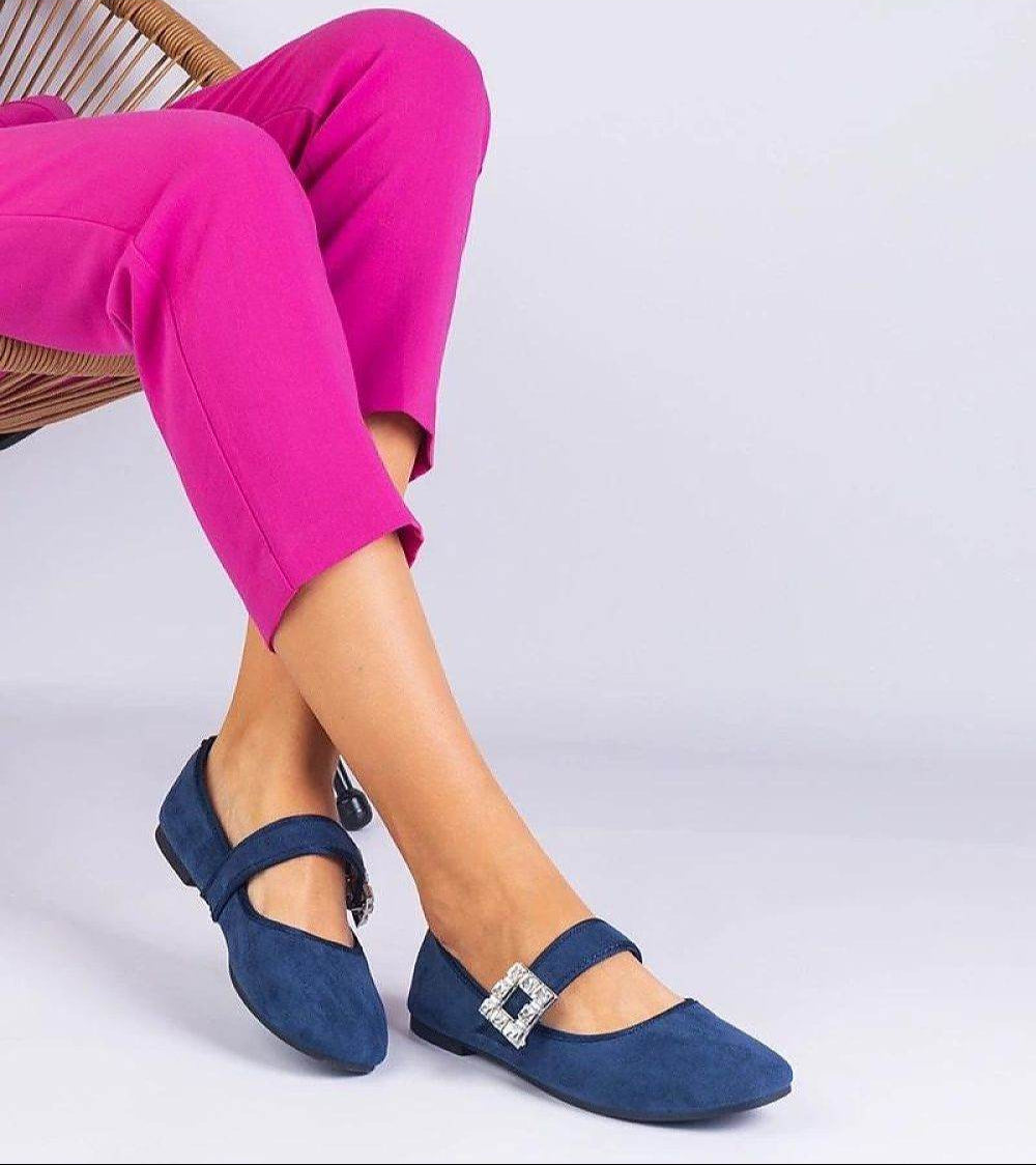Elegant Navy Blue Ballet Flats with Crystal Buckle - INDIEZ COUTURE