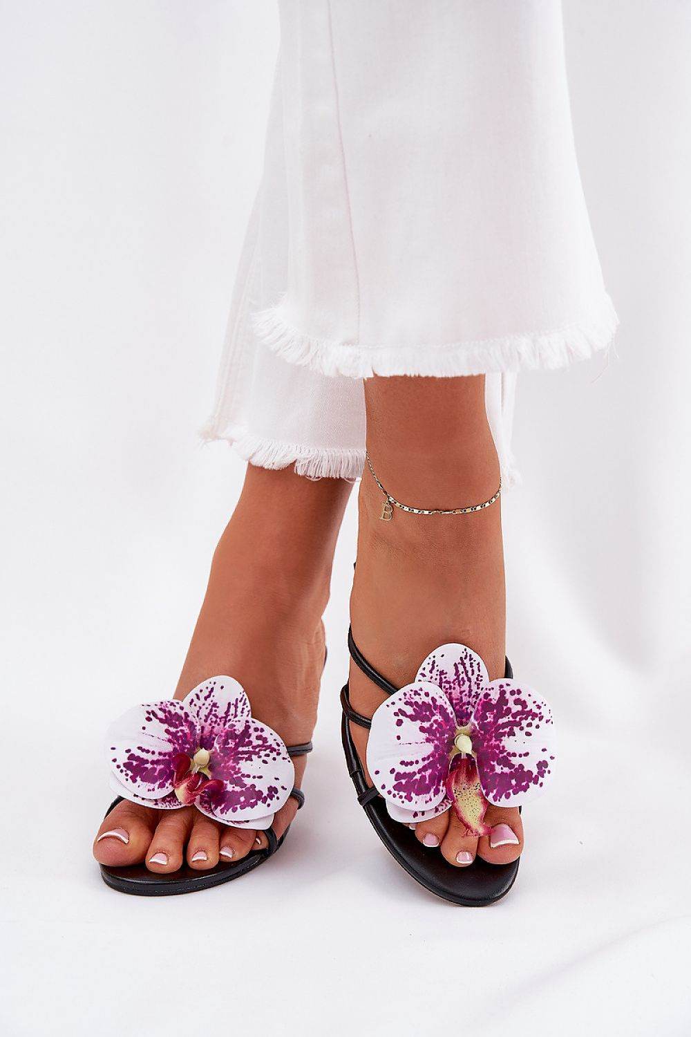 Eco-Leather Stiletto Sandals with Orchid Flower - INDIEZ COUTURE