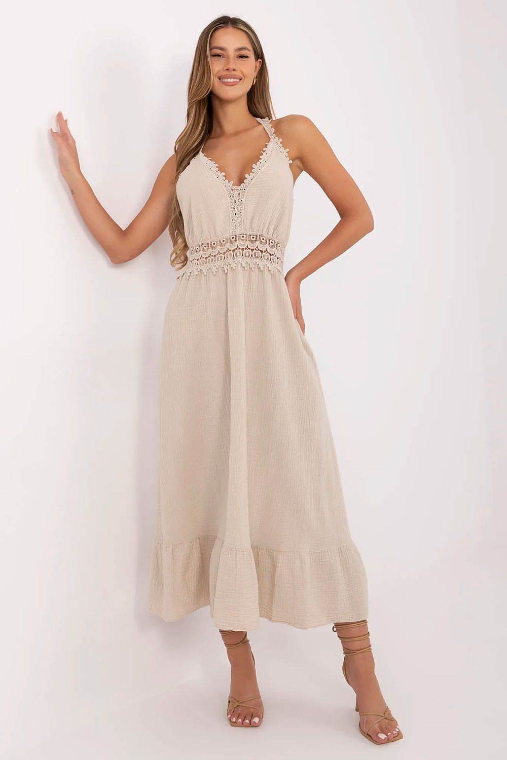 Breathable Cotton Midi Dress with Tied Straps - INDIEZ COUTURE
