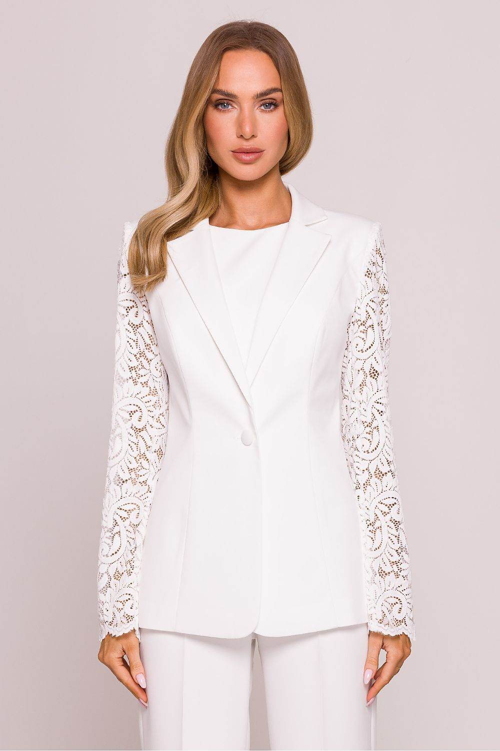 Stylish Blazer with Lace Sleeves and Classic Collar - INDIEZ COUTURE