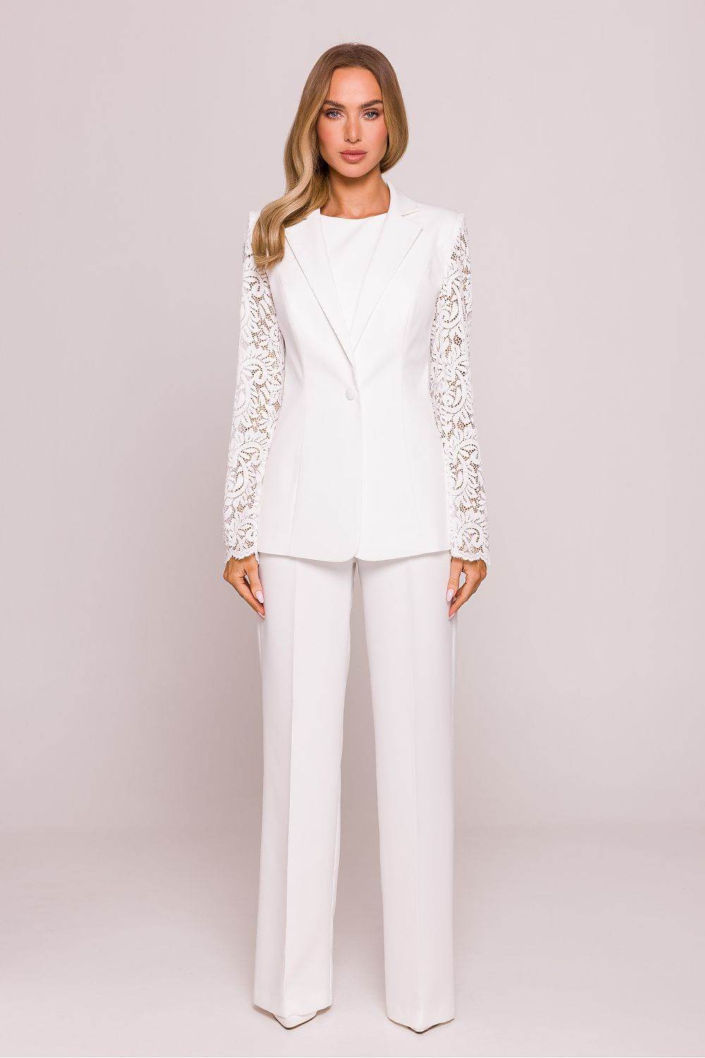 Stylish Blazer with Lace Sleeves and Classic Collar - INDIEZ COUTURE