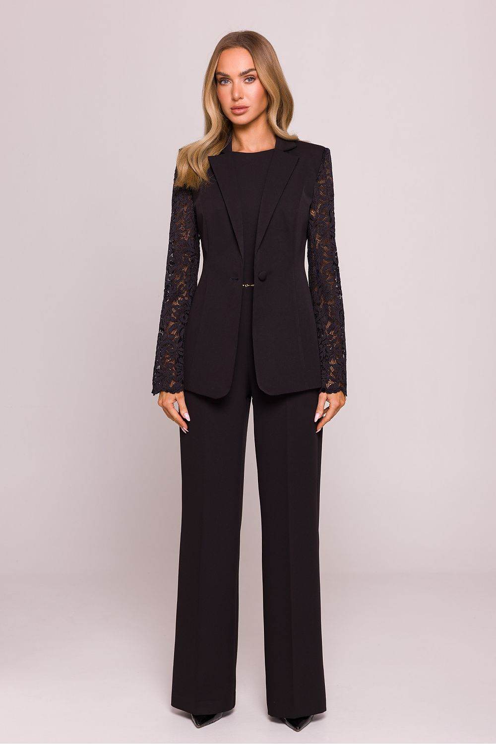 Stylish Blazer with Lace Sleeves and Classic Collar - INDIEZ COUTURE