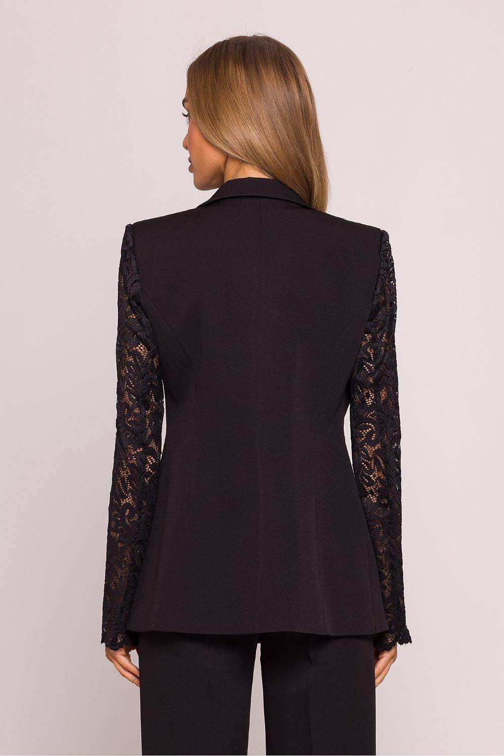 Stylish Blazer with Lace Sleeves and Classic Collar - INDIEZ COUTURE