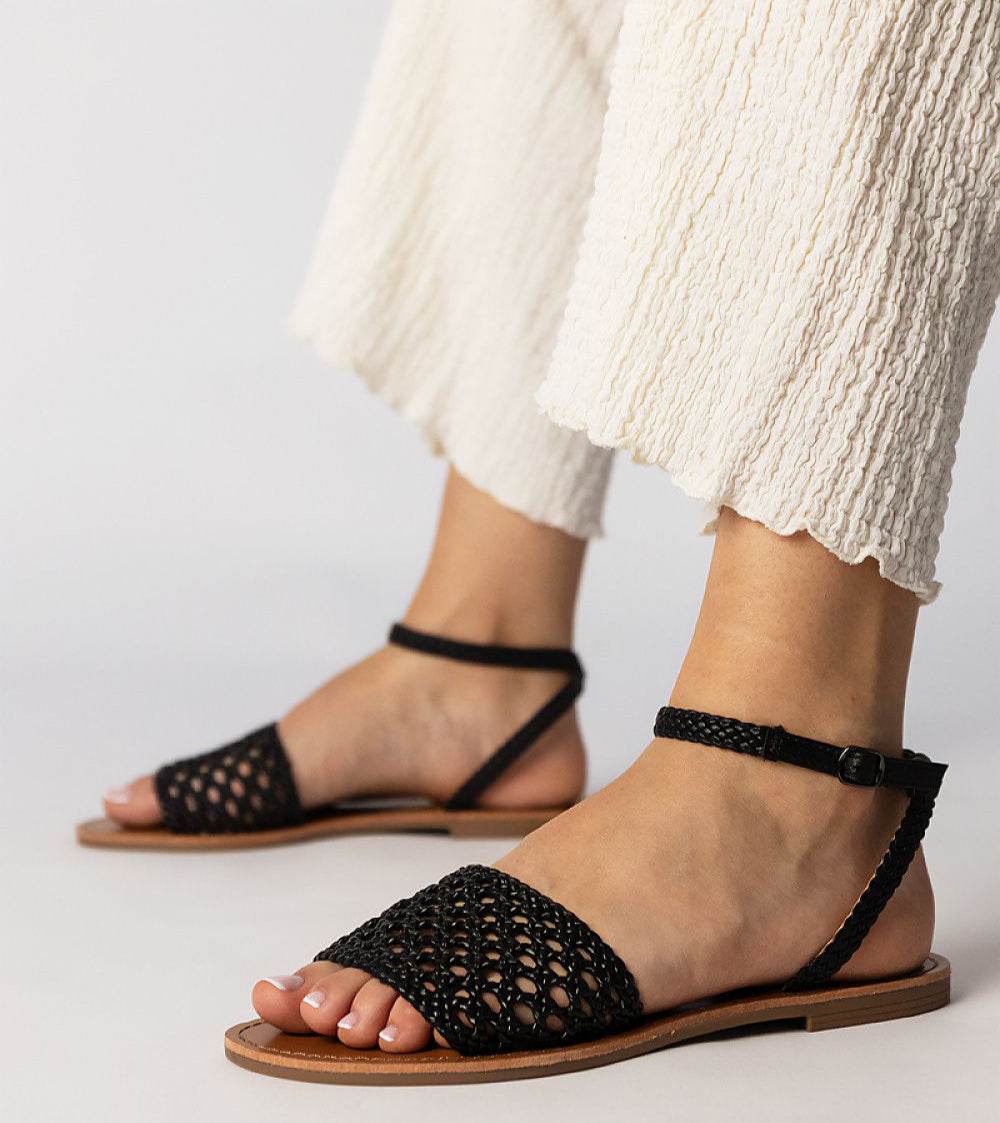 Stylish Black Woven Flat Sandals for Women - INDIEZ COUTURE