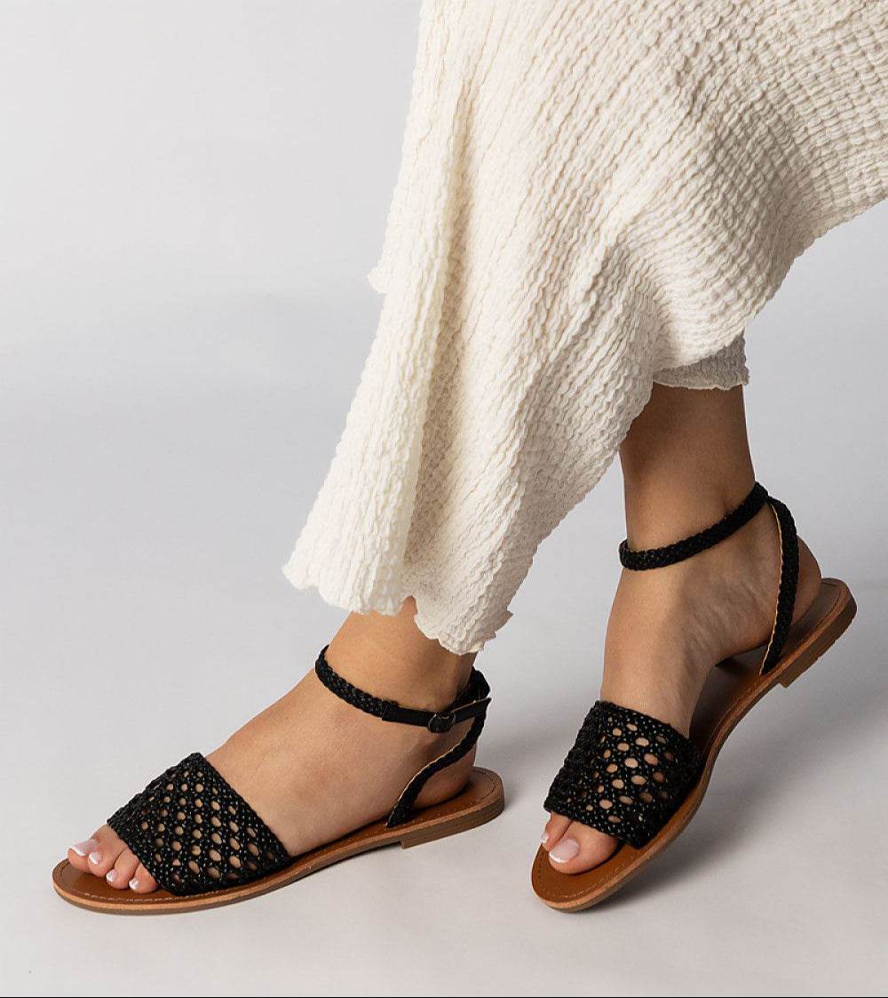 Stylish Black Woven Flat Sandals for Women - INDIEZ COUTURE