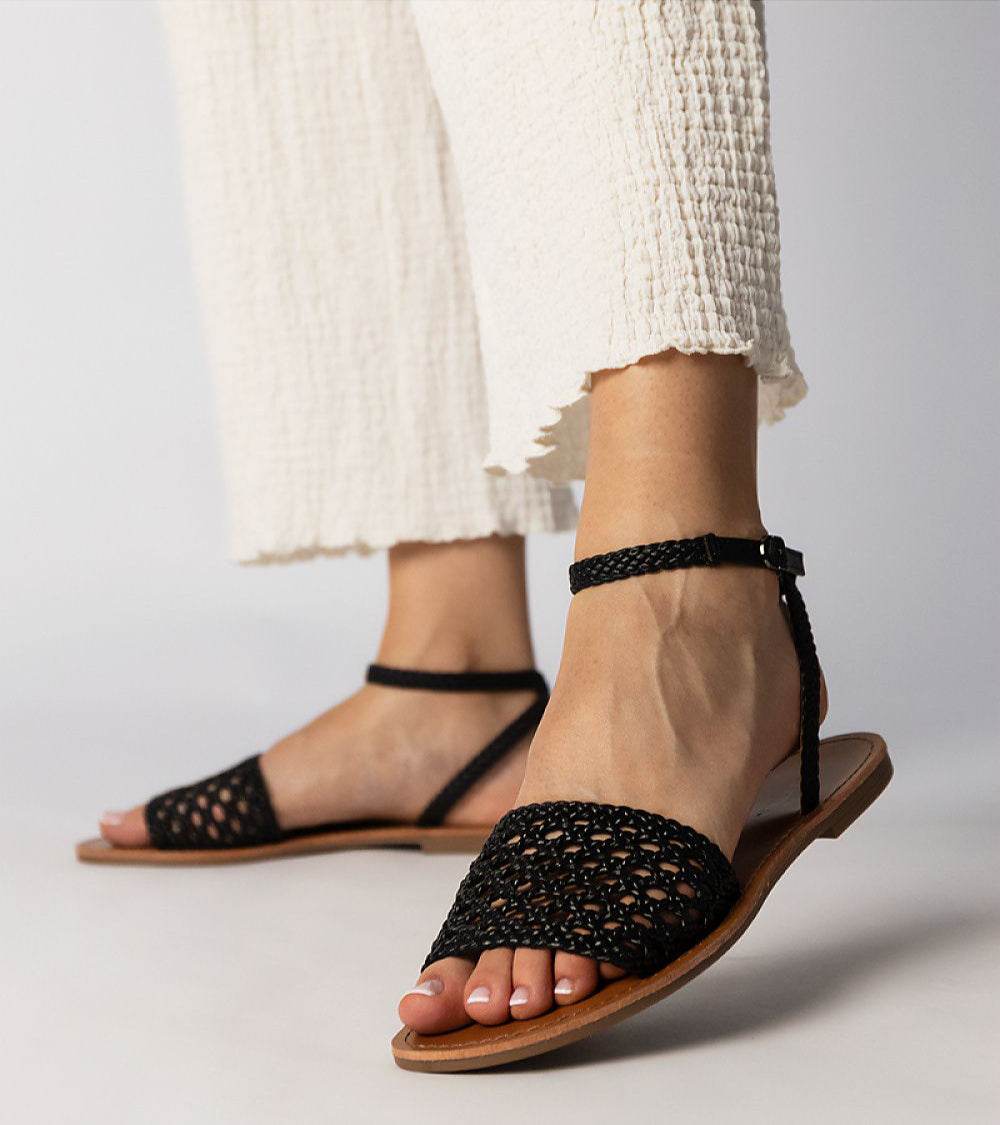 Stylish Black Woven Flat Sandals for Women - INDIEZ COUTURE
