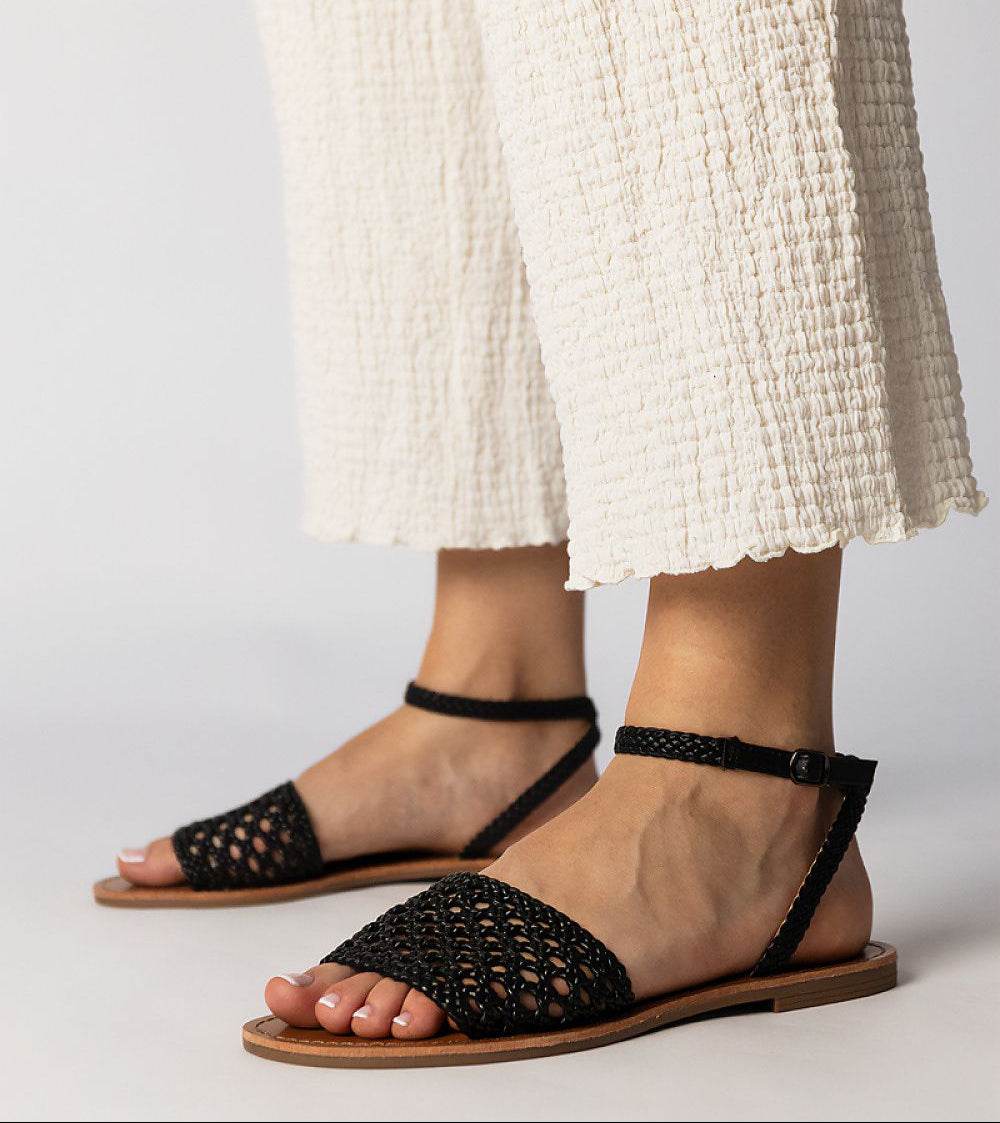 Stylish Black Woven Flat Sandals for Women - INDIEZ COUTURE