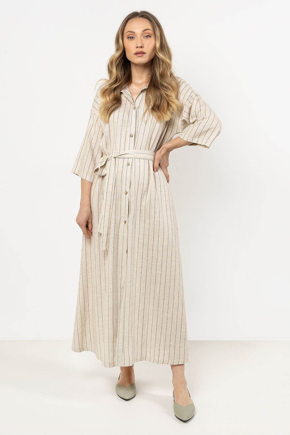 Elegant Linen Shirtdress with Chic Stand-Up Collar - INDIEZ COUTURE