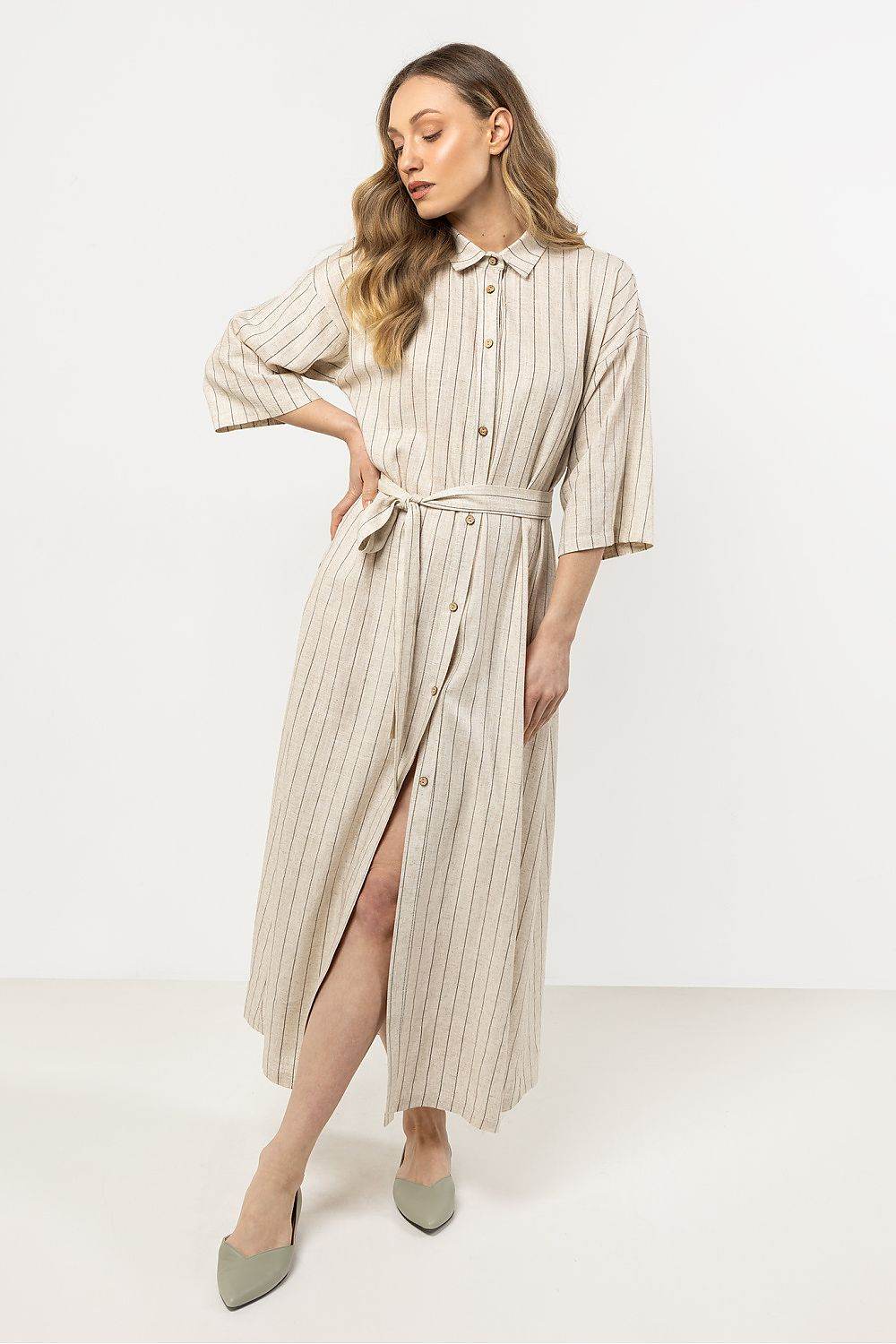 Elegant Linen Shirtdress with Chic Stand-Up Collar - INDIEZ COUTURE