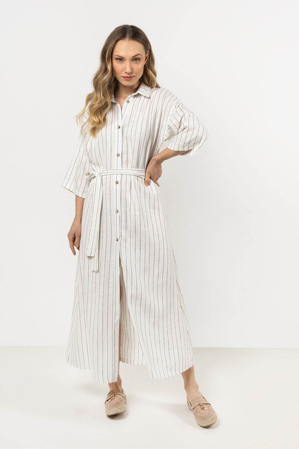 Elegant Linen Shirtdress with Chic Stand-Up Collar - INDIEZ COUTURE