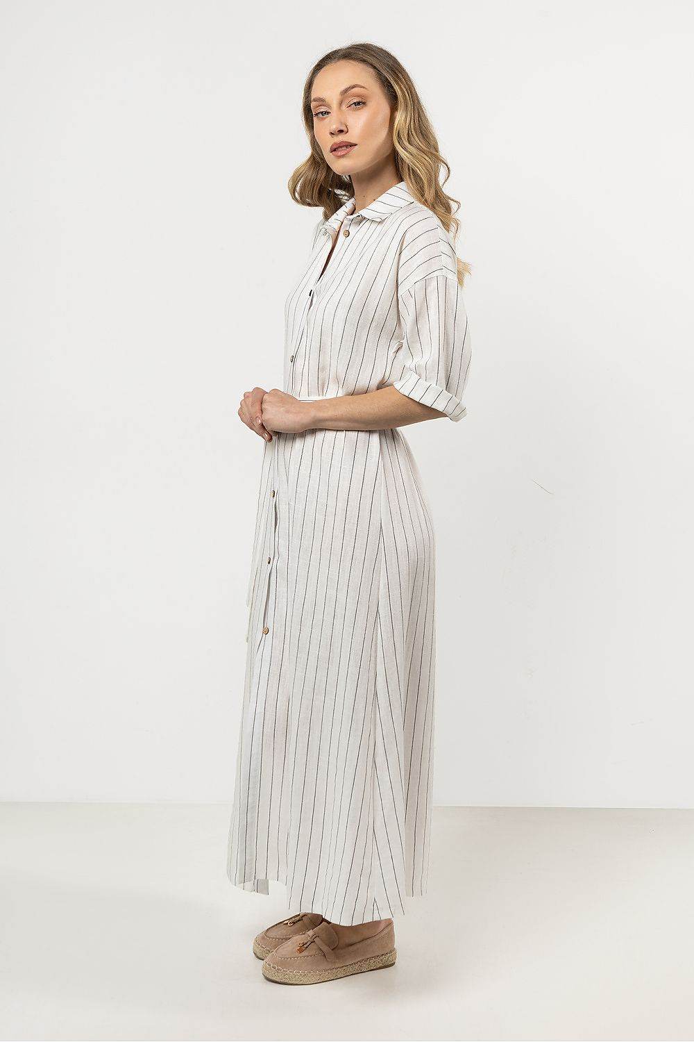 Elegant Linen Shirtdress with Chic Stand-Up Collar - INDIEZ COUTURE