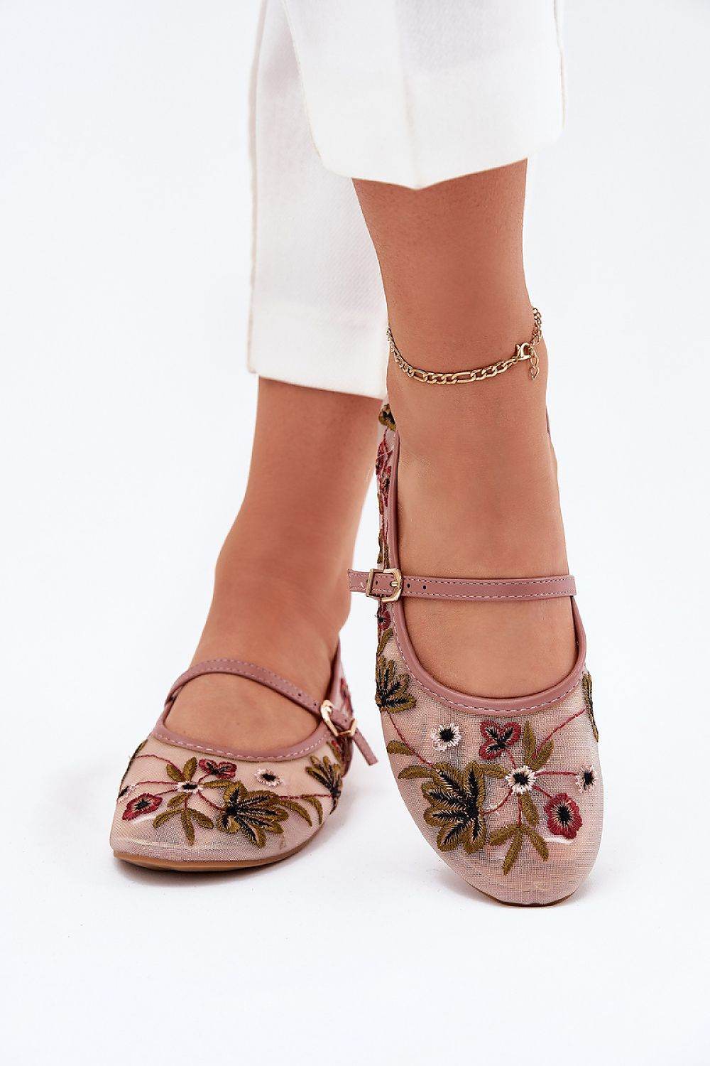 Floral Embroidered Ballet Flats with Adjustable Strap - INDIEZ COUTURE