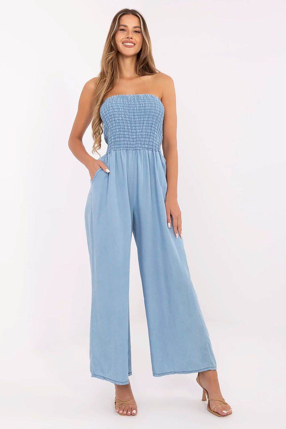 Lightweight Denim Jumpsuit with Square Neckline - INDIEZ COUTURE