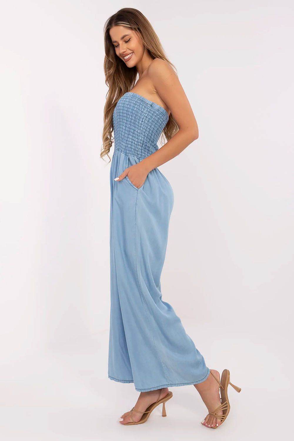 Lightweight Denim Jumpsuit with Square Neckline - INDIEZ COUTURE