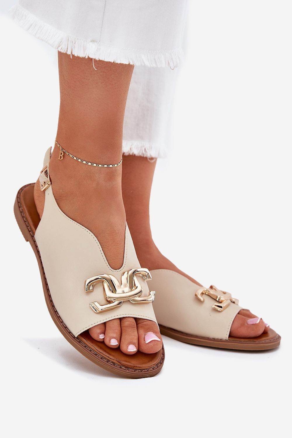 Eco-Leather Women's Flat-Heeled Sandals with Gold Decoration - INDIEZ COUTURE